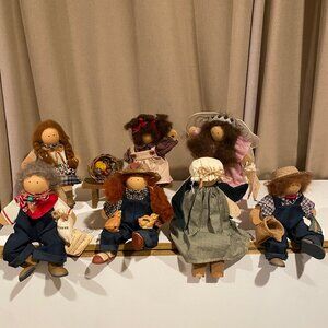 Lizzie‎ High Vintage Wooden Dolls Set of 7 w/ Benches 1980s Collectible